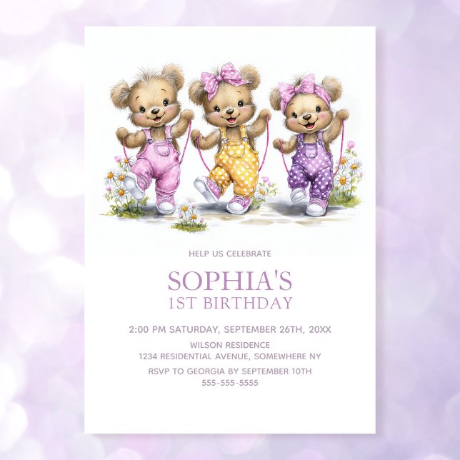 Invitación Cute Girl Teddy Bears Jump Rope 1st Birthday Party (Subido por el creador)