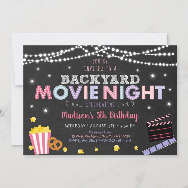 Invitación Cute Girls Backyard Movie Night Birthday (Anverso)
