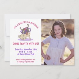 Invitación Cute Girly Boho Floral Pug Gafas Purple Cumpleaños