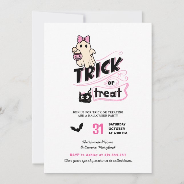 Invitación Cute Girly Ghost Trick or Treat Halloween Cat Pink (Anverso)