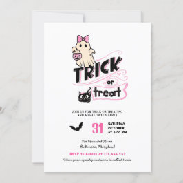 Invitación Cute Girly Ghost Trick or Treat Halloween Cat Pink