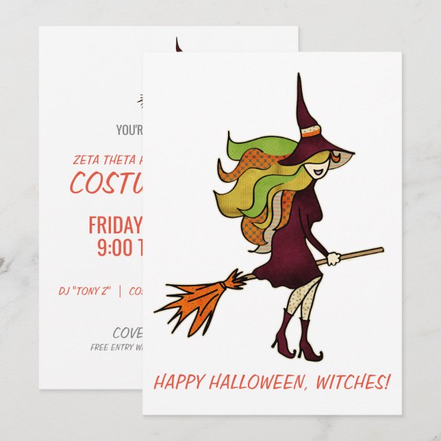 Invitación Cute Girly Happy Halloween Witness Witch Costume (Anverso / Reverso)