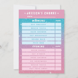 Invitación Cute Girly Pink Blue Glitter Kids Daily Chores