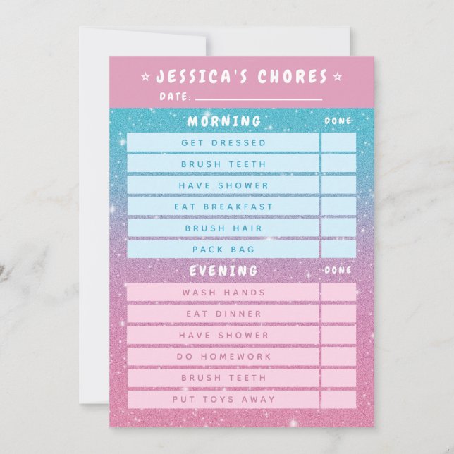 Invitación Cute Girly Pink Blue Glitter Kids Daily Chores  (Anverso)