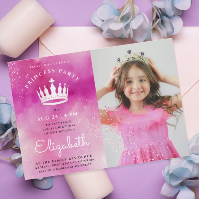 Invitación Cute Girly Princess Crown Pink Photo Watercolor (Subido por el creador)