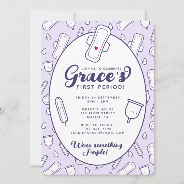 Invitación Cute Girly Purple Menstrual Pad Primer Periodo Fie (Anverso)