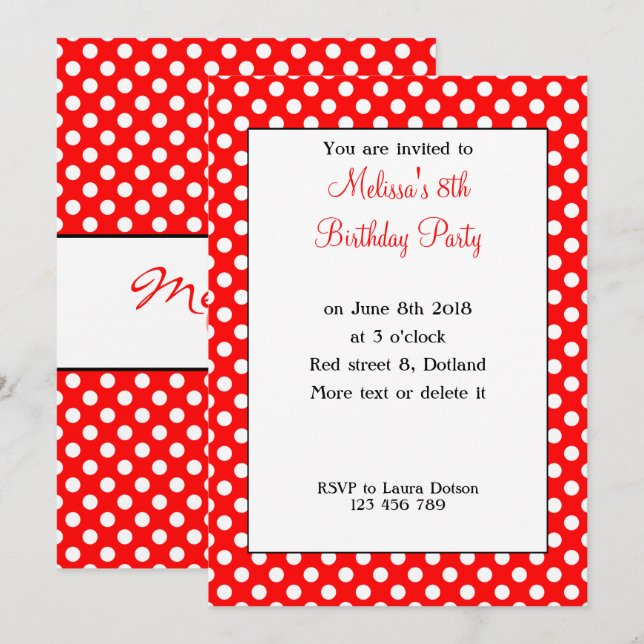 Invitación Cute Girly Trendy Red White puntos de polka Bday I (Anverso / Reverso)