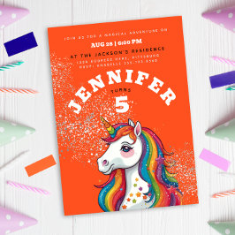 Invitación Cute Girly Unicornio Naranja de caballos Purpurina