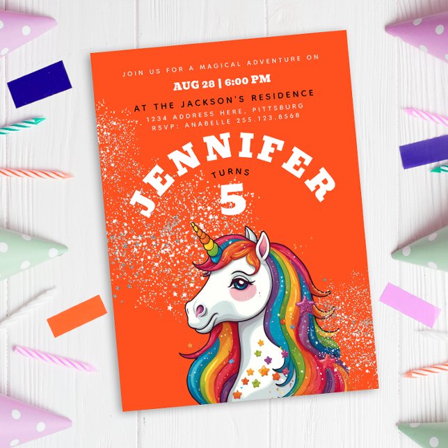 Invitación Cute Girly Unicornio Naranja de caballos Purpurina (Subido por el creador)