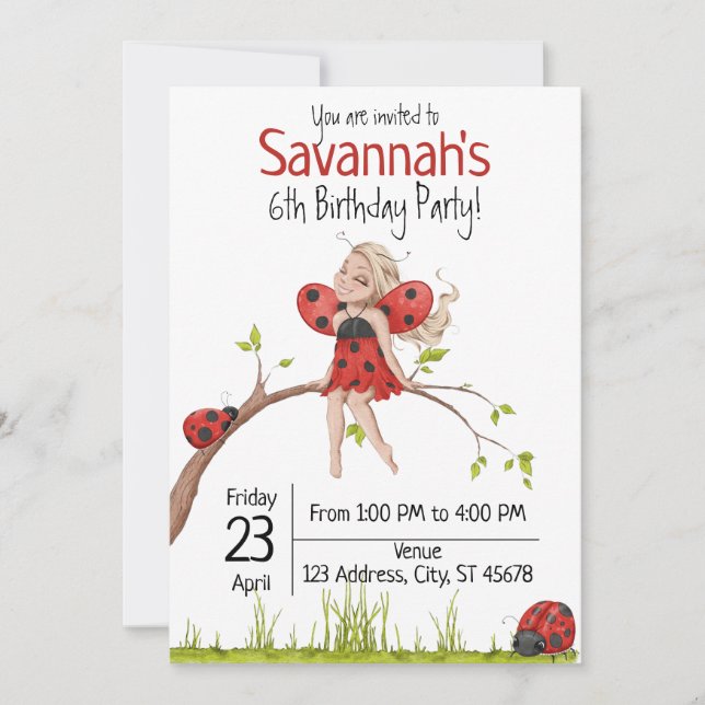 Invitación Cute Girly Whimsical LadyBug 6º cumpleaños (Anverso)