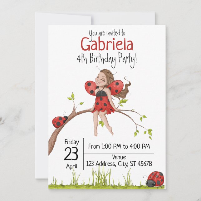 Invitación Cute Girly Whimsical LadyBug cuarto cumpleaños (Anverso)