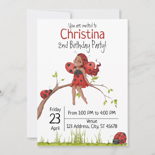 Invitación Cute Girly Whimsical LadyBug Segundo cumpleaños (Anverso)