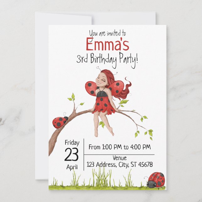 Invitación Cute Girly Whimsical LadyBug Tercer cumpleaños (Anverso)