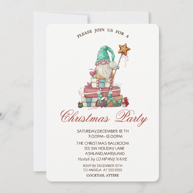 Invitación Cute Gnome Presenta Fiesta de Navidad (Anverso)