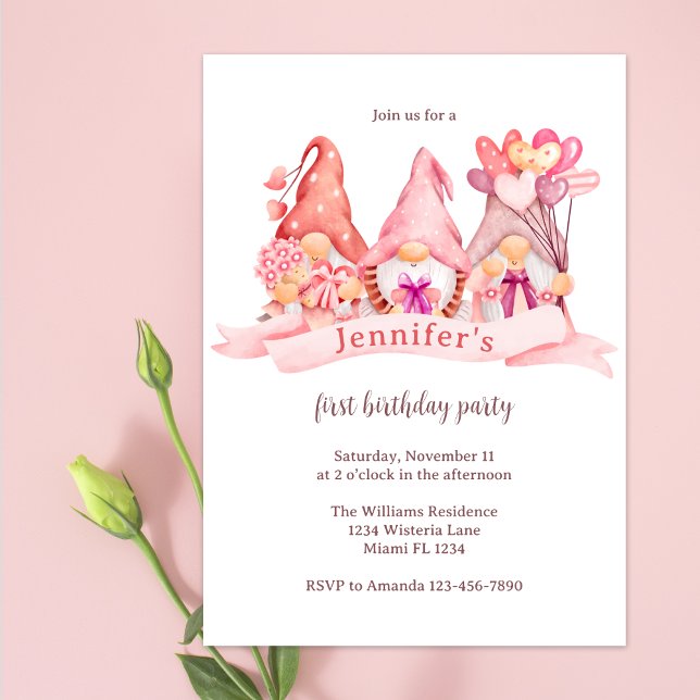 Invitación Cute Gnomes Balloons Pink First Birday Party (Subido por el creador)