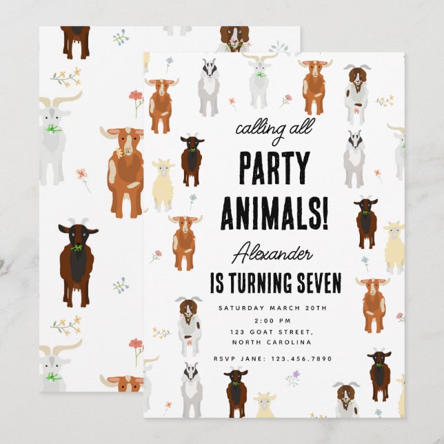 Invitación Cute Goats Farm Party Animals Goat Birthday Theme (Anverso / Reverso)