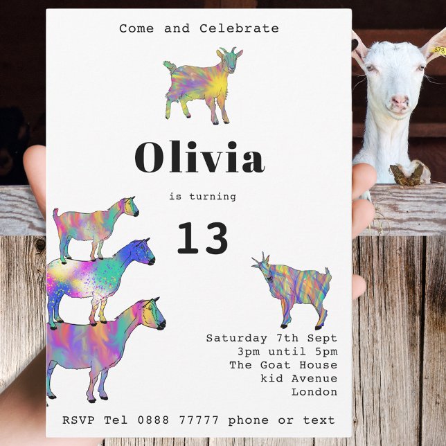 Invitación Cute Goats Girls Fiesta de cumpleaños colorida (Goat themed farm animal 13th birthday party invitation with fun colorful watercolor animal art)