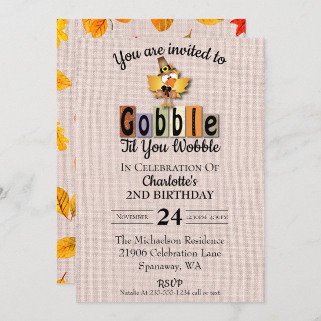Invitación Cute Gobble hasta que tambaleas cumpleaños (Anverso / Reverso)