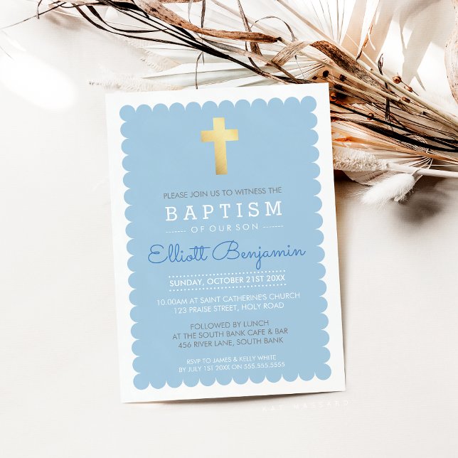 Invitación CUTE GOLD CROSS baptismo moderno con el borde de l (Subido por el creador)