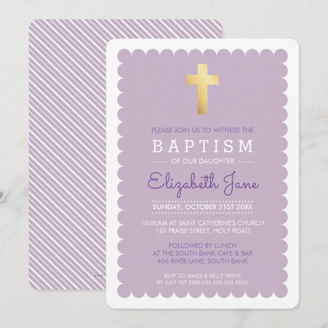 Invitación CUTE GOLD CROSS baptismo moderno vieira púrpura (Anverso / Reverso)