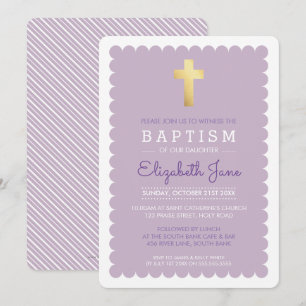 Invitación CUTE GOLD CROSS baptismo moderno vieira púrpura