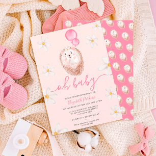 Invitación Cute gold flower hedgehog watercolor baby shower