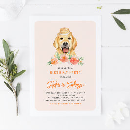 Invitación Cute Golden Retriever Peach Floral Kids Cumpleaños