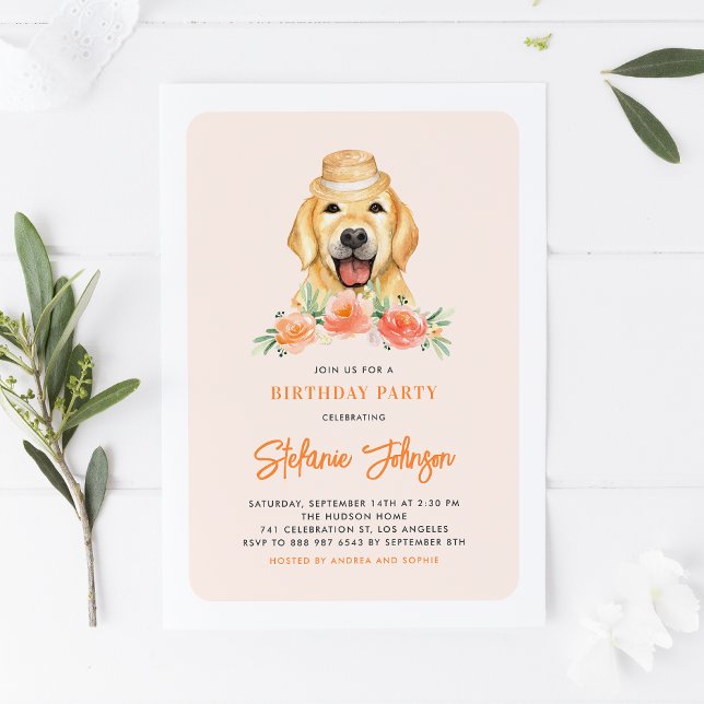 Invitación Cute Golden Retriever Peach Floral Kids Cumpleaños (Subido por el creador)