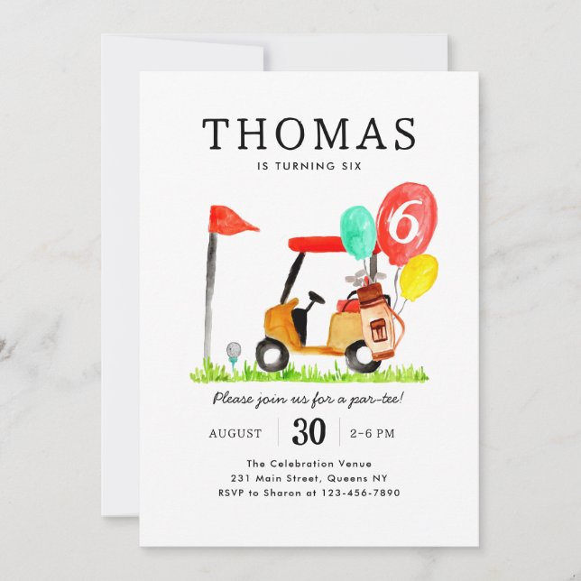 Invitación Cute Golf Cart Bag Balloon Kids Par-tee Cumpleaños (Anverso)
