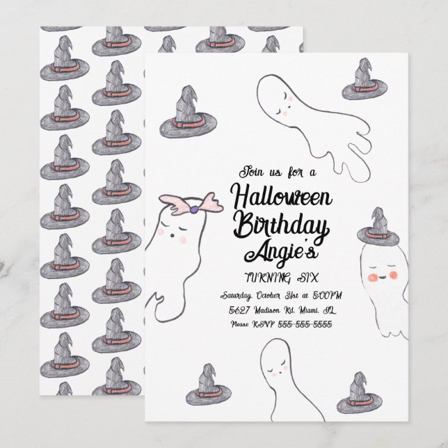 Invitación Cute Gorro de Bruja de Halloween Doodle Cumpleaños (Anverso / Reverso)