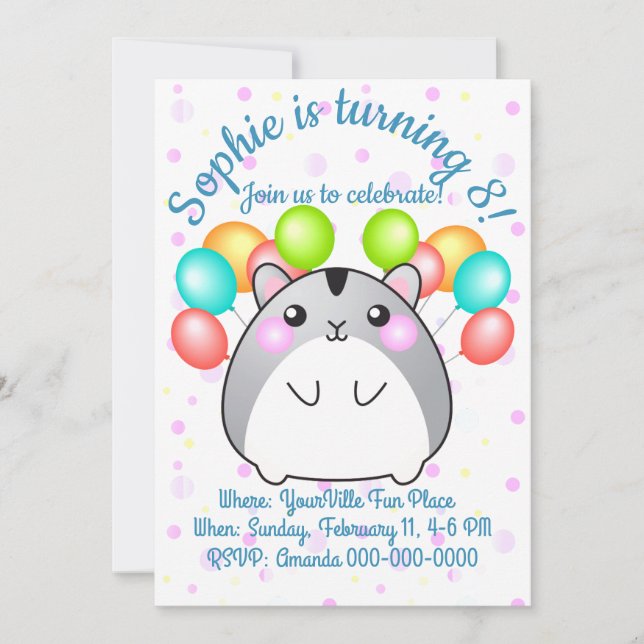 Invitación Cute Gray Kawaii Hamster Cumpleaños (Anverso)