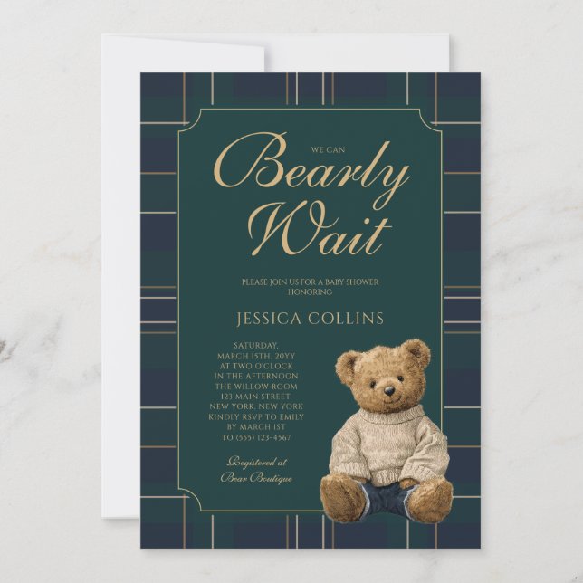 Invitación Cute Green and Blue We Can Bearly Wait Baby Shower (Anverso)