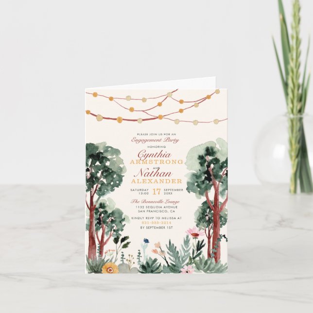 Invitación Cute Green Botanes Trees Floral Engagement Party (Anverso)