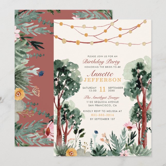Invitación Cute Green Botanical Trees Fiesta de Cumpleaños Ún (Anverso / Reverso)