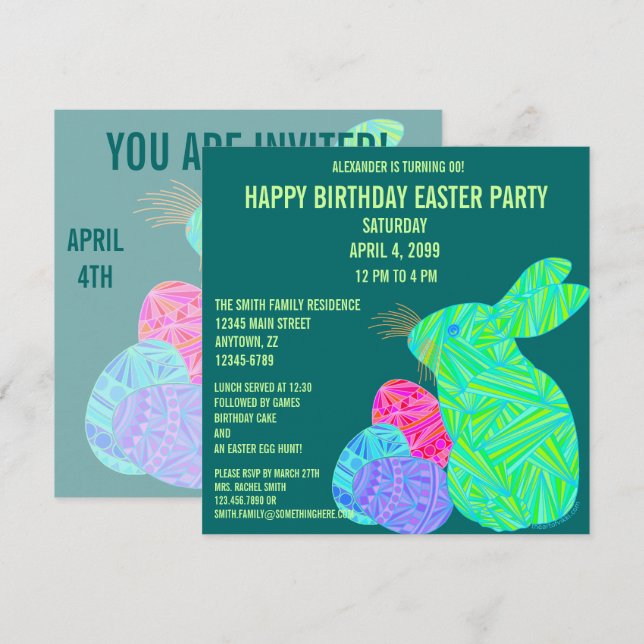 Invitación Cute Green Bunny Divertido Tema De Pascua Cumpleañ (Anverso / Reverso)