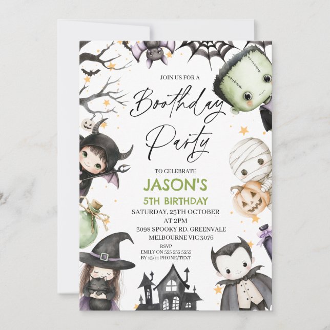 Invitación Cute Green Halloween Boothday Fiesta cumpleaños (Anverso)