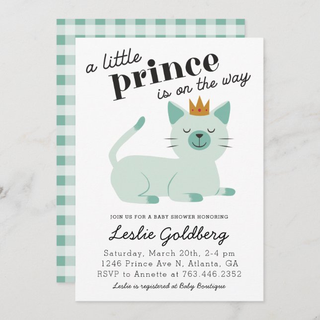 Invitación Cute Green Prince Kitty Cat Baby Shower (Anverso / Reverso)