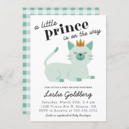 Invitación Cute Green Prince Kitty Cat Baby Shower