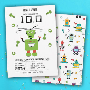 Invitación Cute Green Robot Tema Niños Robots Fiesta de cumpl