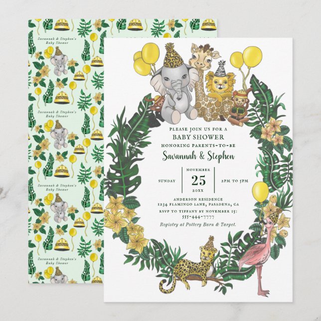 Invitación Cute Green Safari Animales Parejas Baby Shower (Anverso / Reverso)