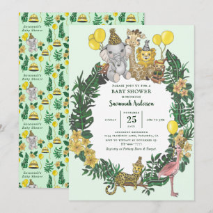 Invitación Cute Green Safari Animals Boy Baby Shower