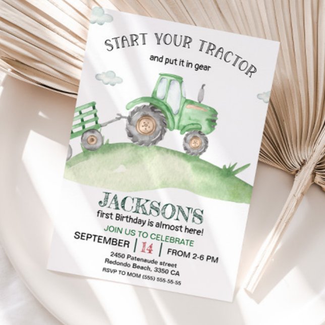 Invitación Cute Green Tractor 1er cumpleaños acuarela (Green Tractor Birthday invitation)