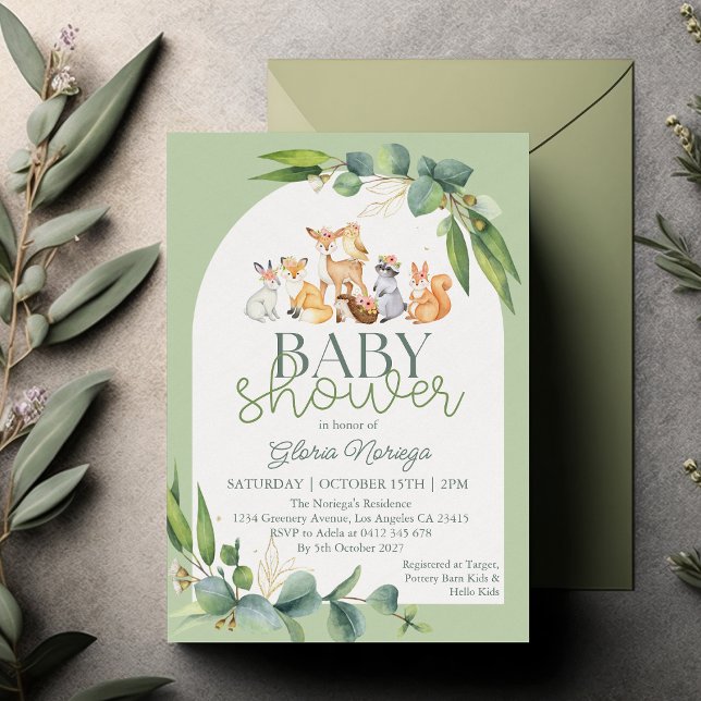 Invitación Cute Greenery Woodland Animals Baby Shower (Subido por el creador)