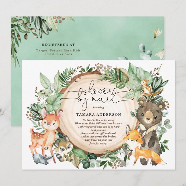 Invitación Cute Greenery Woodland Long Distance Baby Shower (Anverso / Reverso)