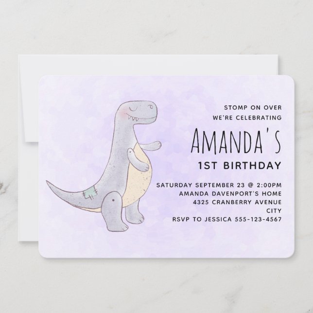Invitación Cute Grey Dinosaur Toy Watercolor Cumpleaños (Anverso)