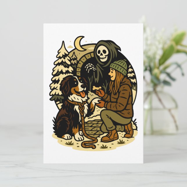Invitación Cute Grim Reaper Girl and Dog Spooky Forest Night (Anverso de pie)