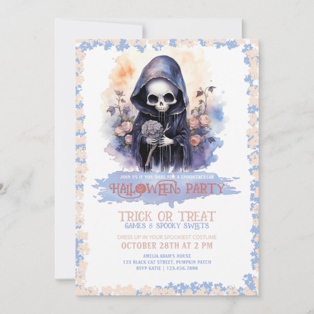 Invitación Cute Grim Reaper y acuarela de flores (Anverso)