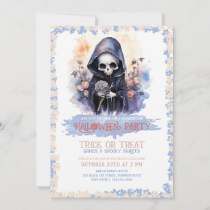 Invitación Cute Grim Reaper y acuarela de flores
