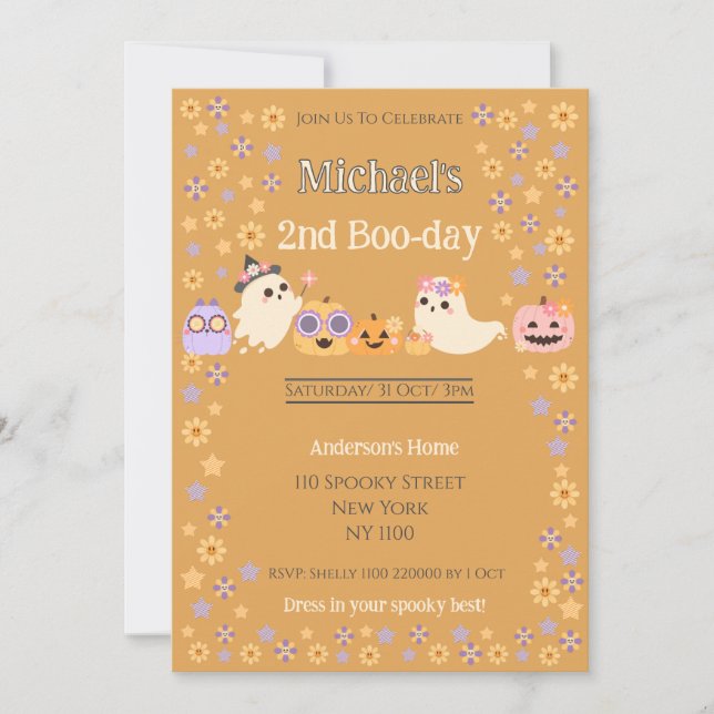 Invitación Cute Groovy Spooky Ghost Halloween Cumpleaños (Anverso)