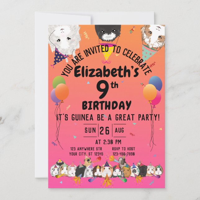 Invitación Cute Guinea Cerdos y Globos Fiesta de Cumpleaños (Anverso)